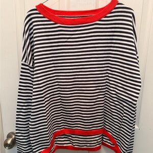 Striped Navy & White Sweater with Red Trim